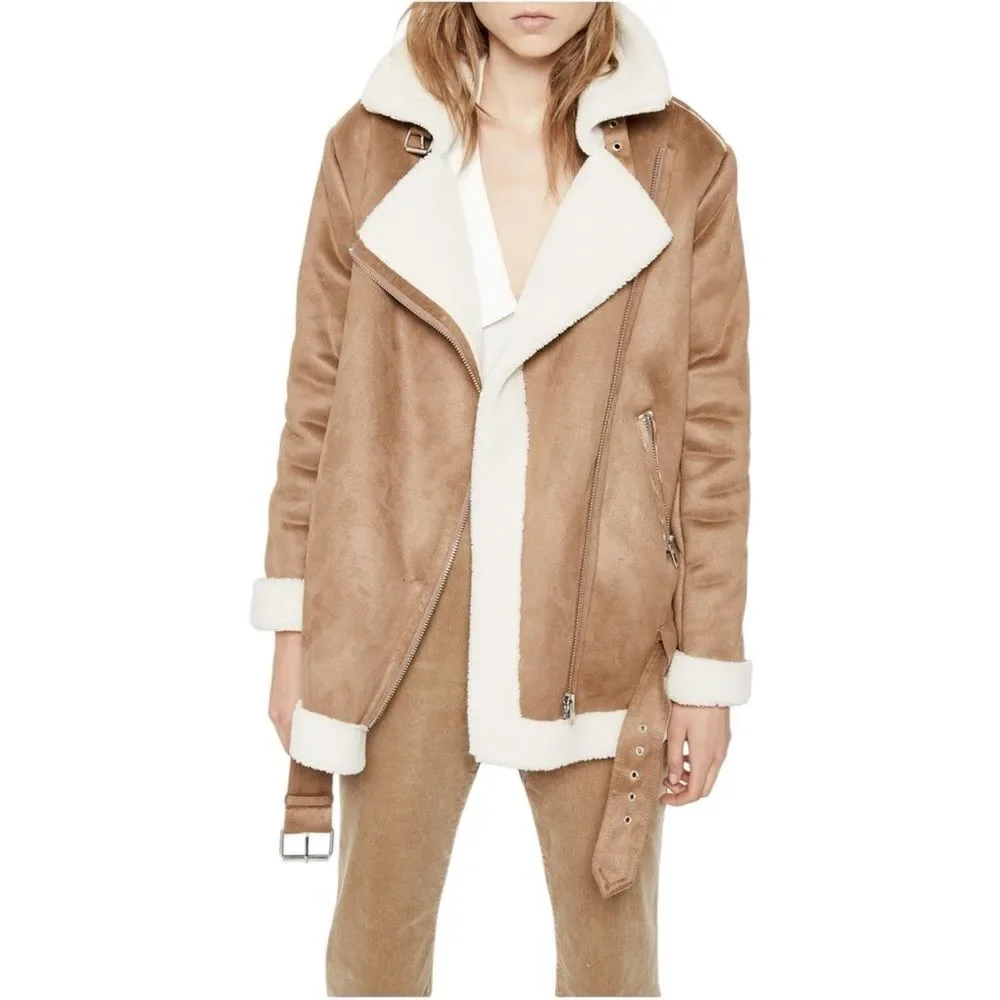 NWT BARDOT Shearling Camel Moto Jacket XL